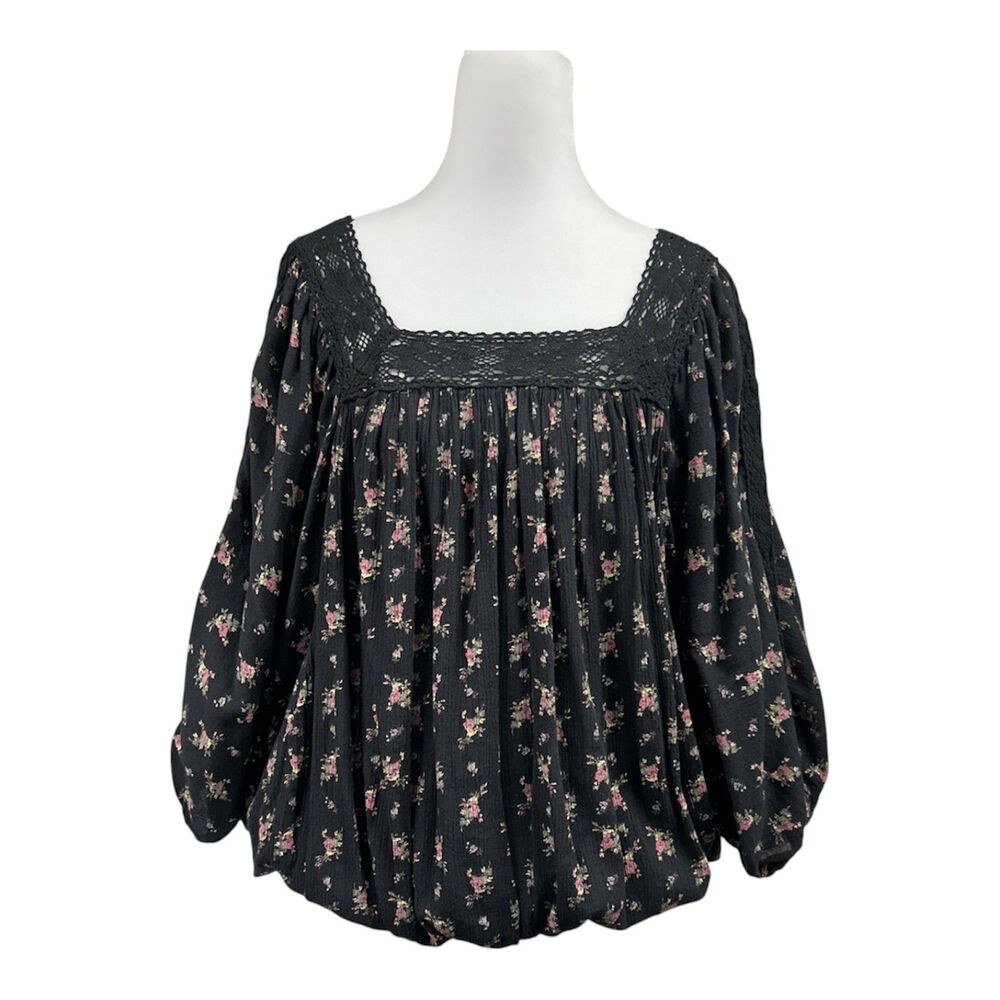 Denim & Supply Ralph Lauren Floral Lace Trim Batwing Blouse Sz M Black